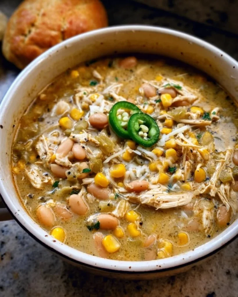 Delicious bowl of White Chicken Chili garnished with cilantro and lime