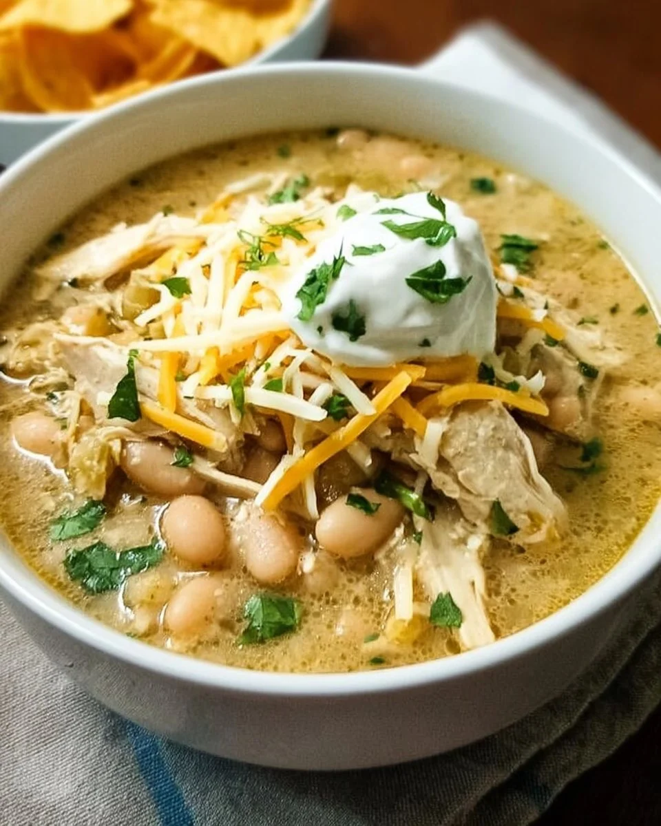Delicious bowl of homemade white chicken chili topped with cilantro and cheese