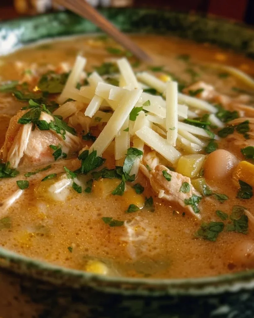 A bowl of creamy white chicken chili topped with fresh cilantro and lime.