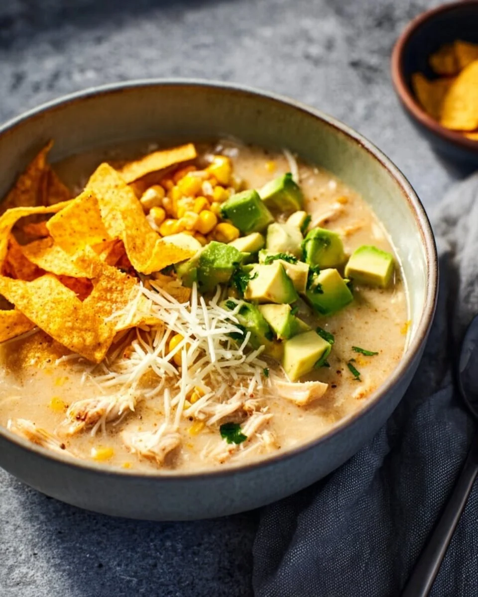 Healthy bowl of white chicken chili garnished with cilantro and lime