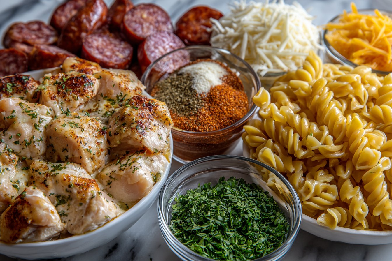 One-Pot Smoky Cheddar Ranch Chicken and Sausage Pasta