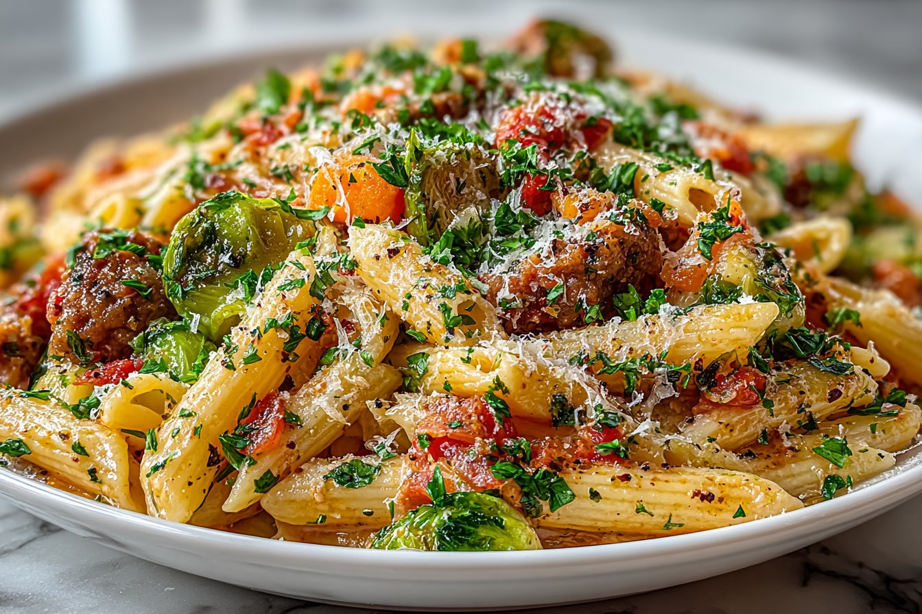 Autumn Dinner with Sausage, Pasta, Brussels Sprouts, and Butternut Squash