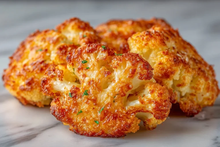 Crispy air fryer cauliflower pieces on a plate, garnished with herbs.