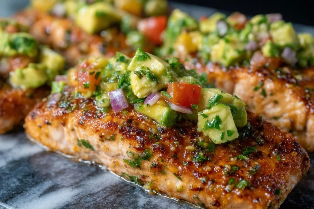 Baked cilantro lime salmon served with avocado salsa on a plate
