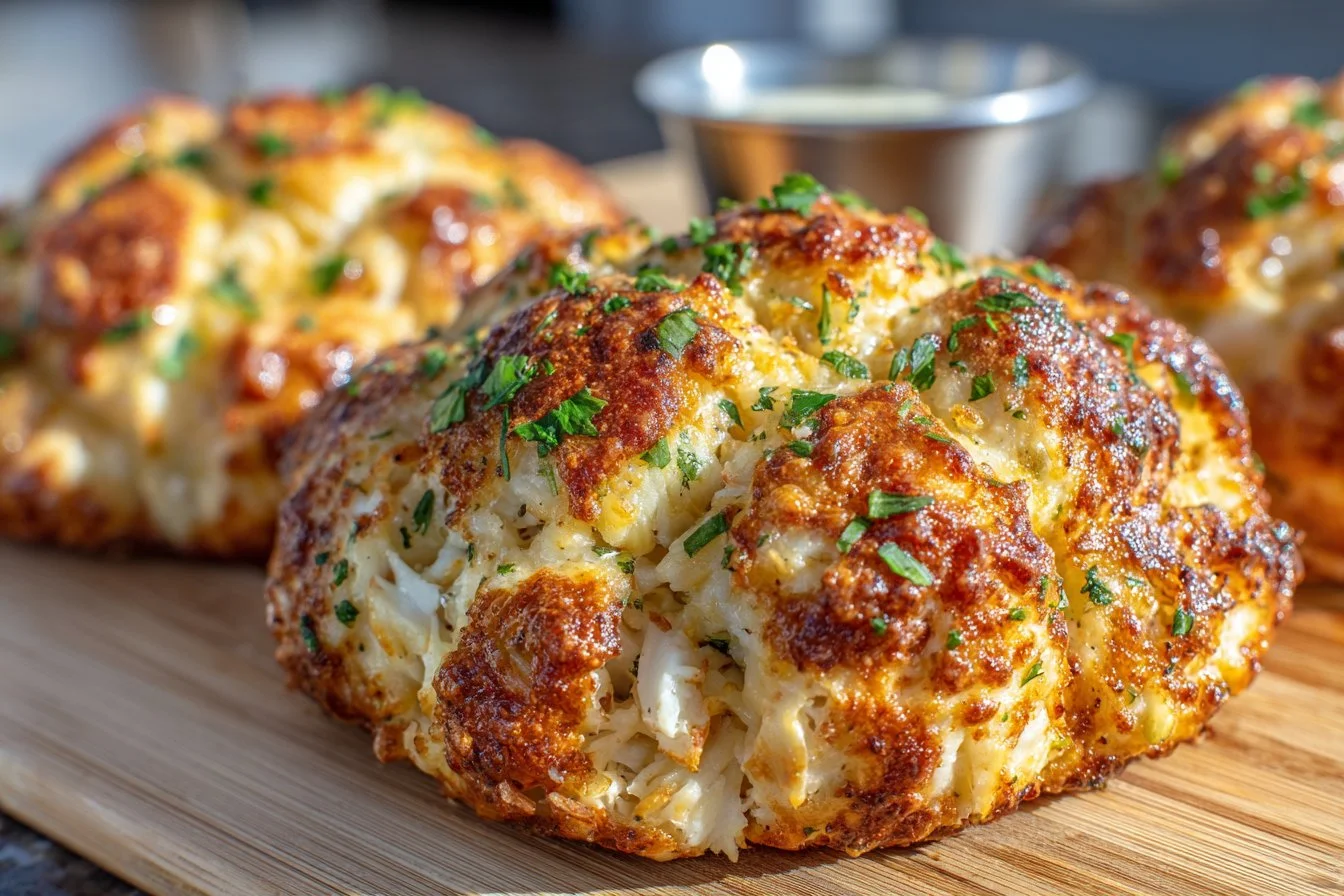 Baked crab bombs on a platter, garnished and ready to serve.