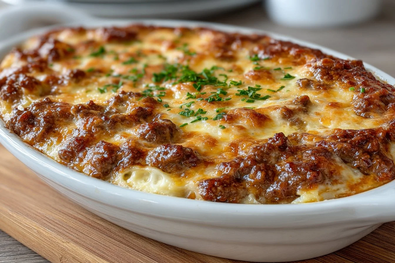 Delicious Beef and French Onion Dip Casserole served warm in a baking dish.