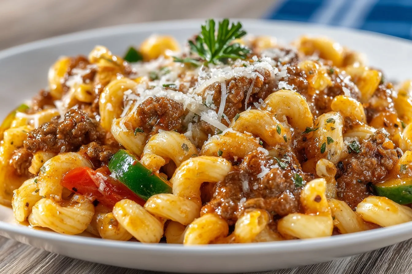 Delicious plate of Beefaroni featuring pasta and beef in a savory tomato sauce