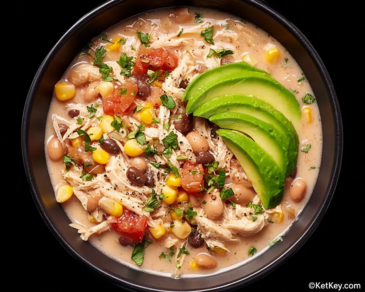 Delicious bowl of Cream Cheese Chicken Chili topped with fresh herbs