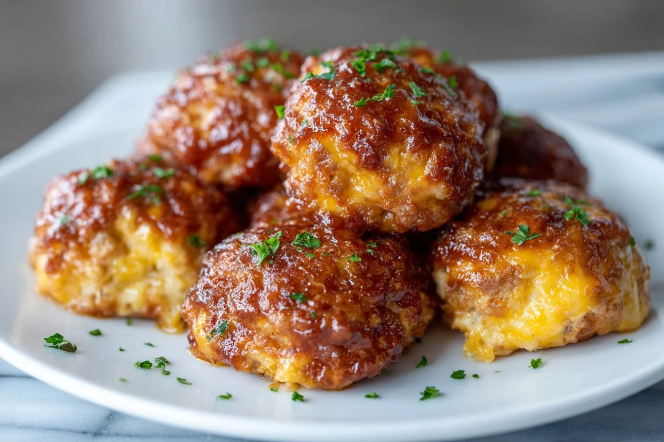Plate of homemade Bisquick sausage balls ready to be served
