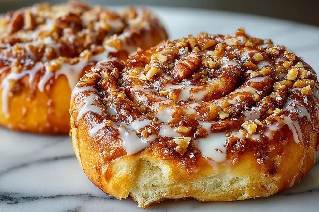 Freshly baked braided cinnamon buns topped with icing on a rustic table