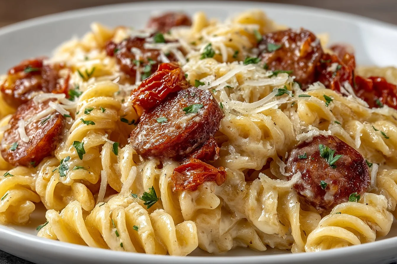 Cajun smoked sausage alfredo pasta dish with creamy sauce and herbs