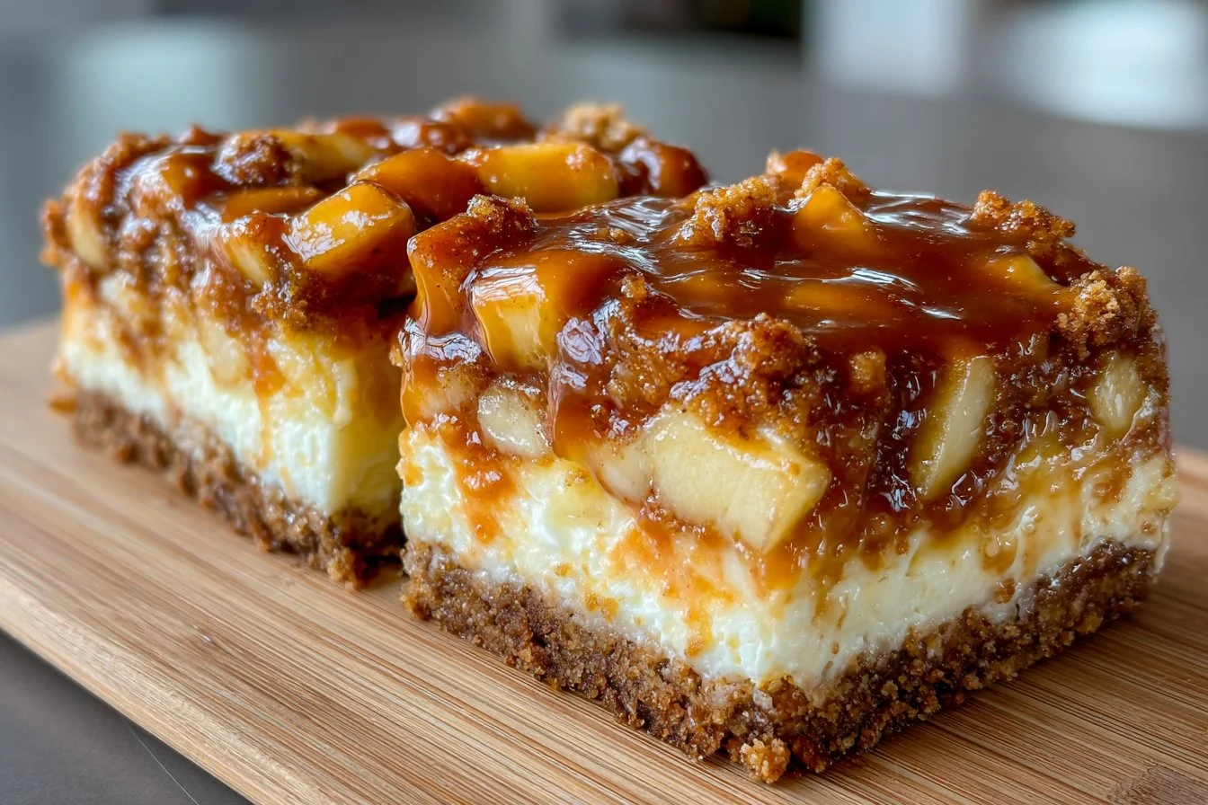 Delicious Caramel Apple Cheesecake Bars topped with caramel and apple slices