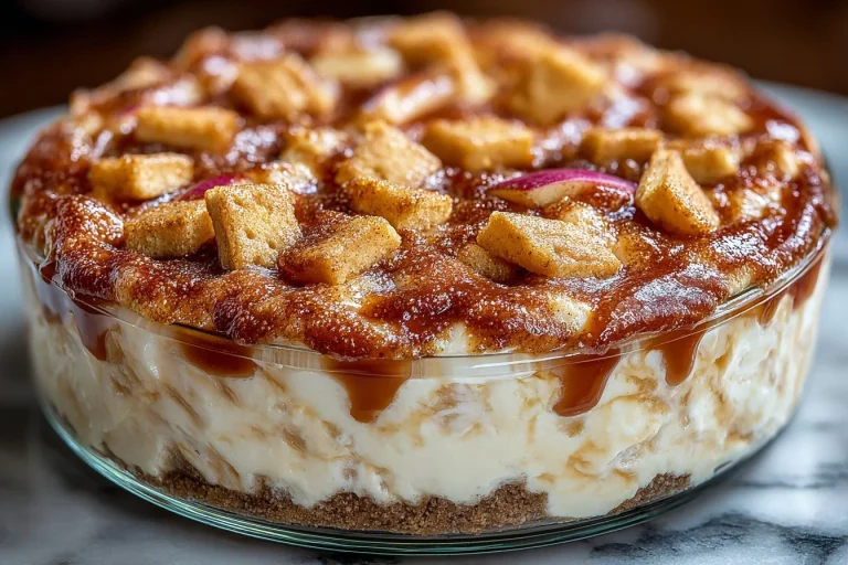 Delicious caramel apple cheesecake dip served with crisp apples and graham crackers.