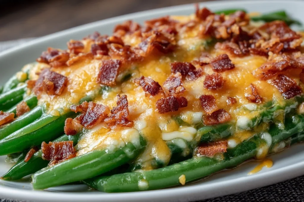 Cheesy baked green beans topped with melted cheese and breadcrumbs