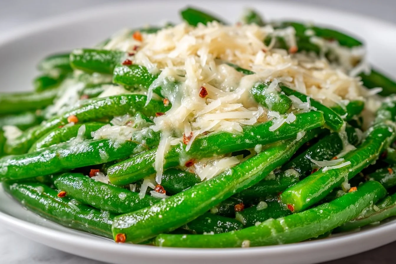 Plate of cheesy garlic green beans topped with melted cheese and garlic seasoning.