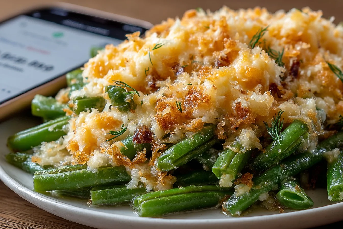 Creamy cheesy green beans dish served on a plate