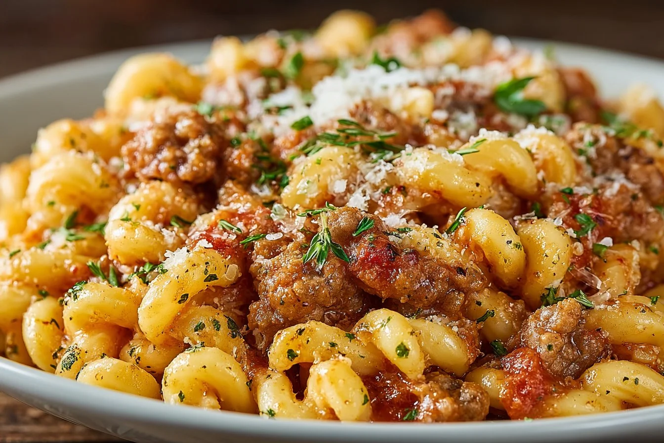 Delicious cheesy sausage pasta dish garnished with herbs