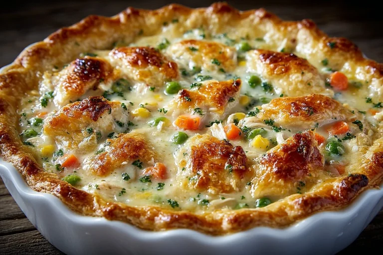 Homemade chicken pot pie with flaky crust and colorful vegetables