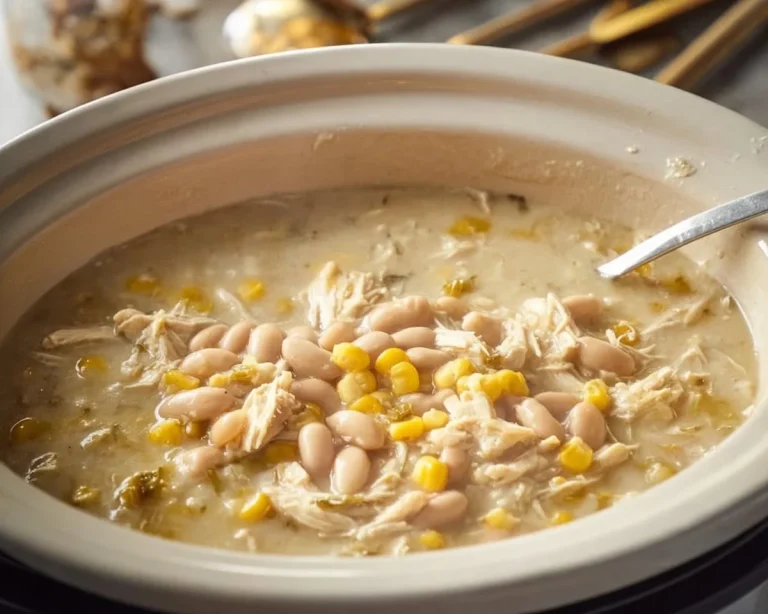 A bowl of award-winning slow cooker white chicken chili garnished with cilantro.