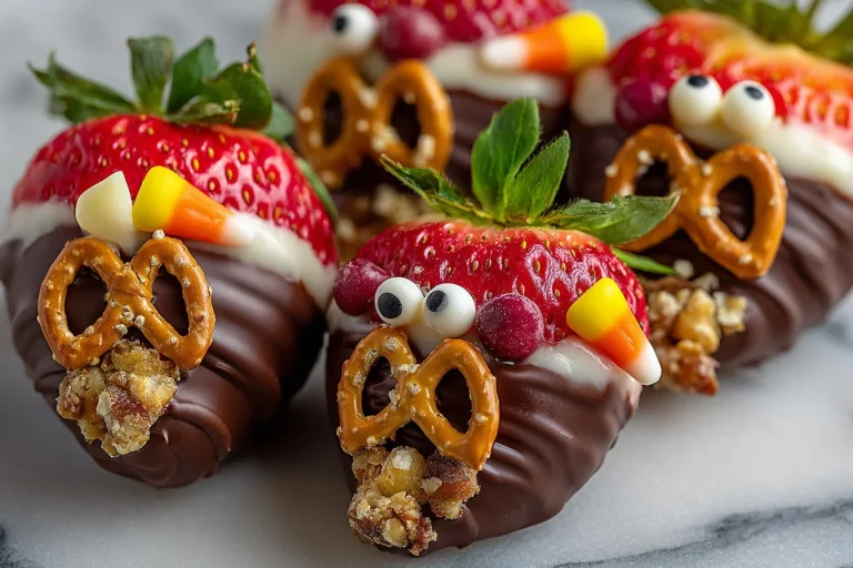Chocolate covered strawberry turkeys for a festive Thanksgiving treat.