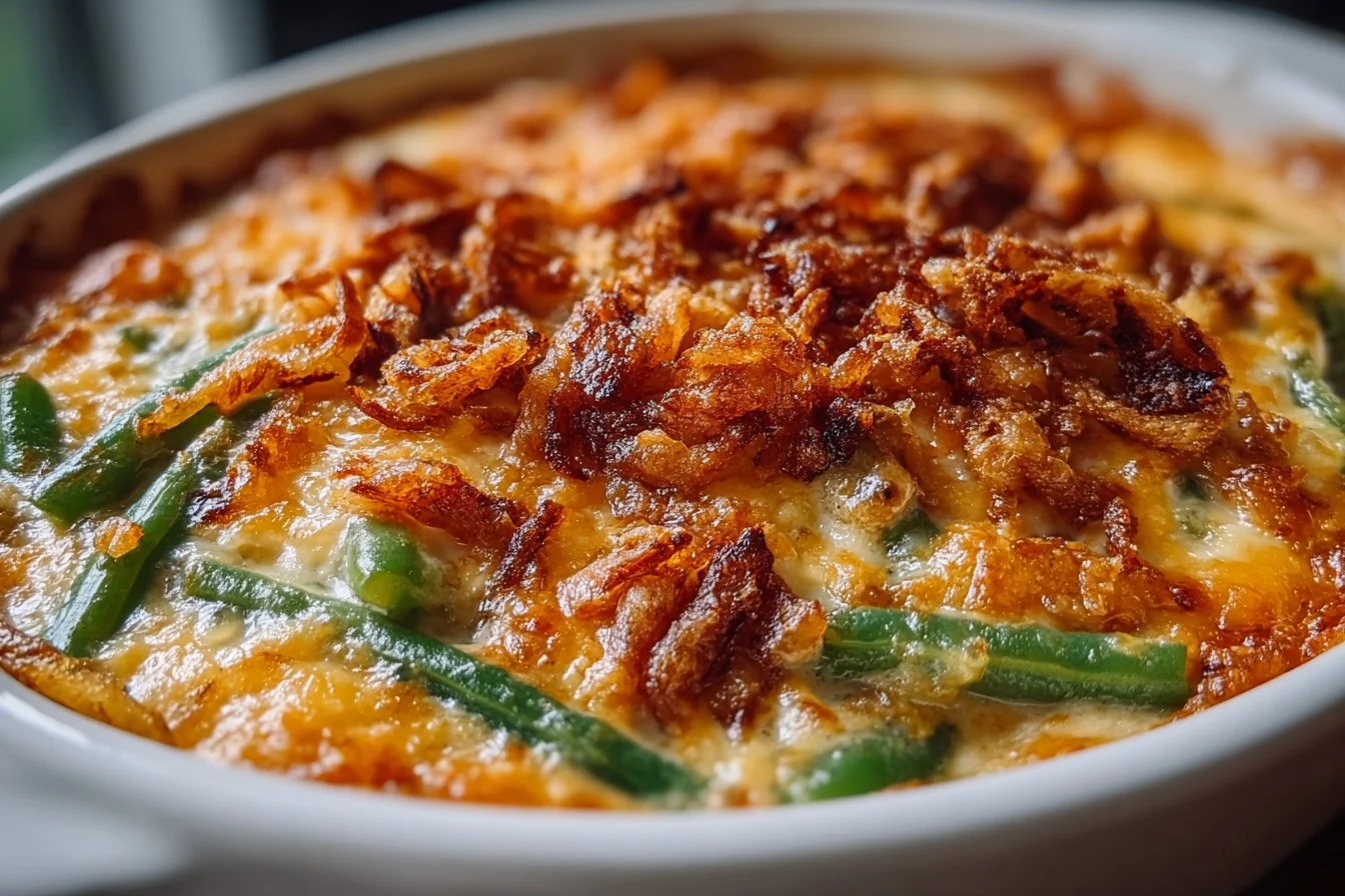 Delicious classic green bean casserole topped with crispy onions.