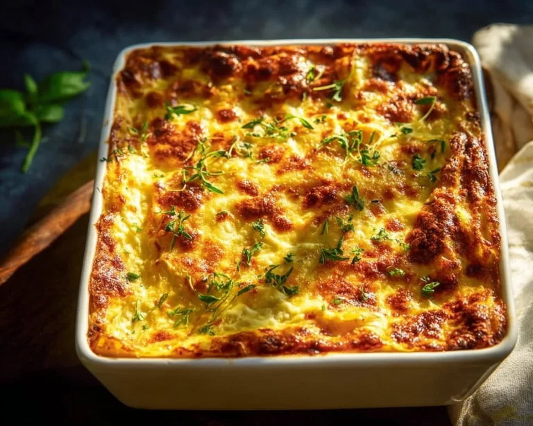 Delicious classic lasagna baked with cheese and sauce layered in a dish.
