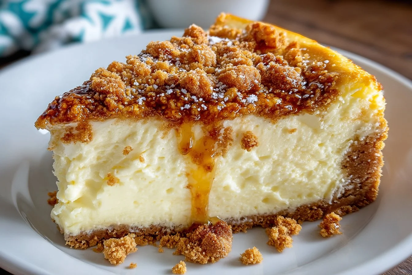Delicious slice of classic New York cheesecake with a creamy topping