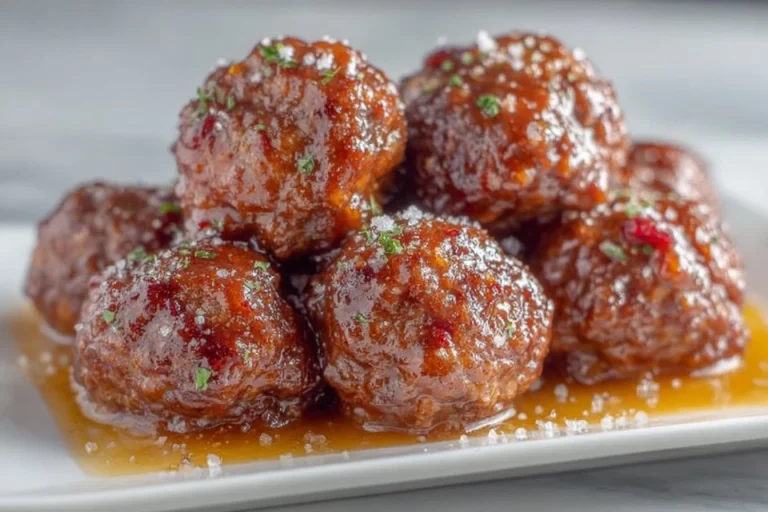 Cranberry BBQ Crockpot Meatballs with a sweet and savory glaze served in a bowl.