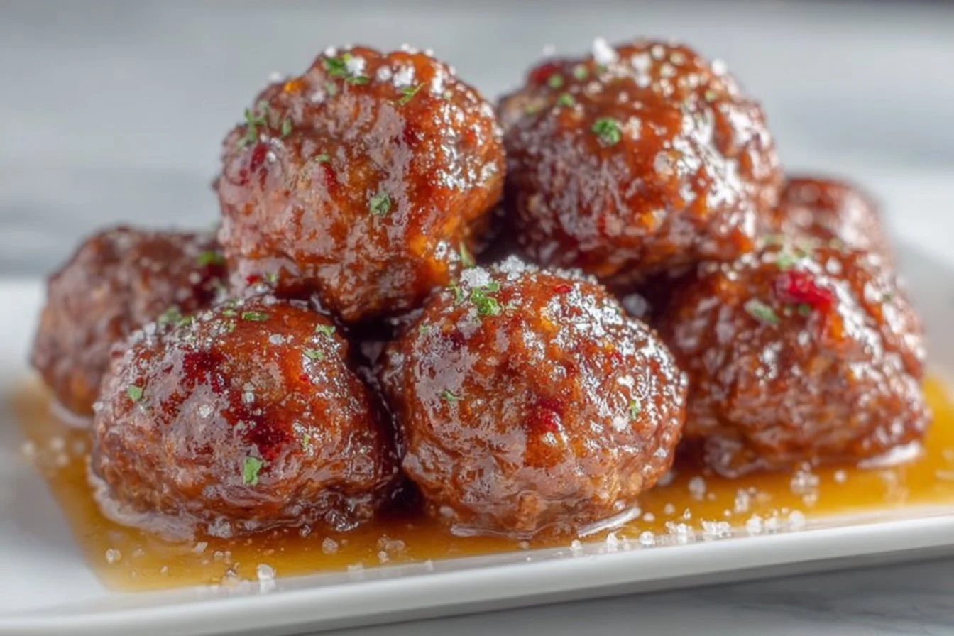Cranberry BBQ Crockpot Meatballs with a sweet and savory glaze served in a bowl.