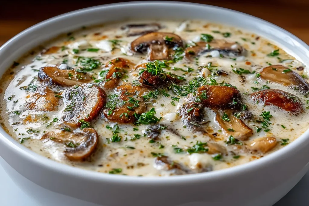 Cream of mushroom soup served in a bowl garnished with fresh herbs.