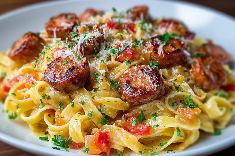 Creamy Cajun sausage pasta in a bowl with fresh herbs and spices