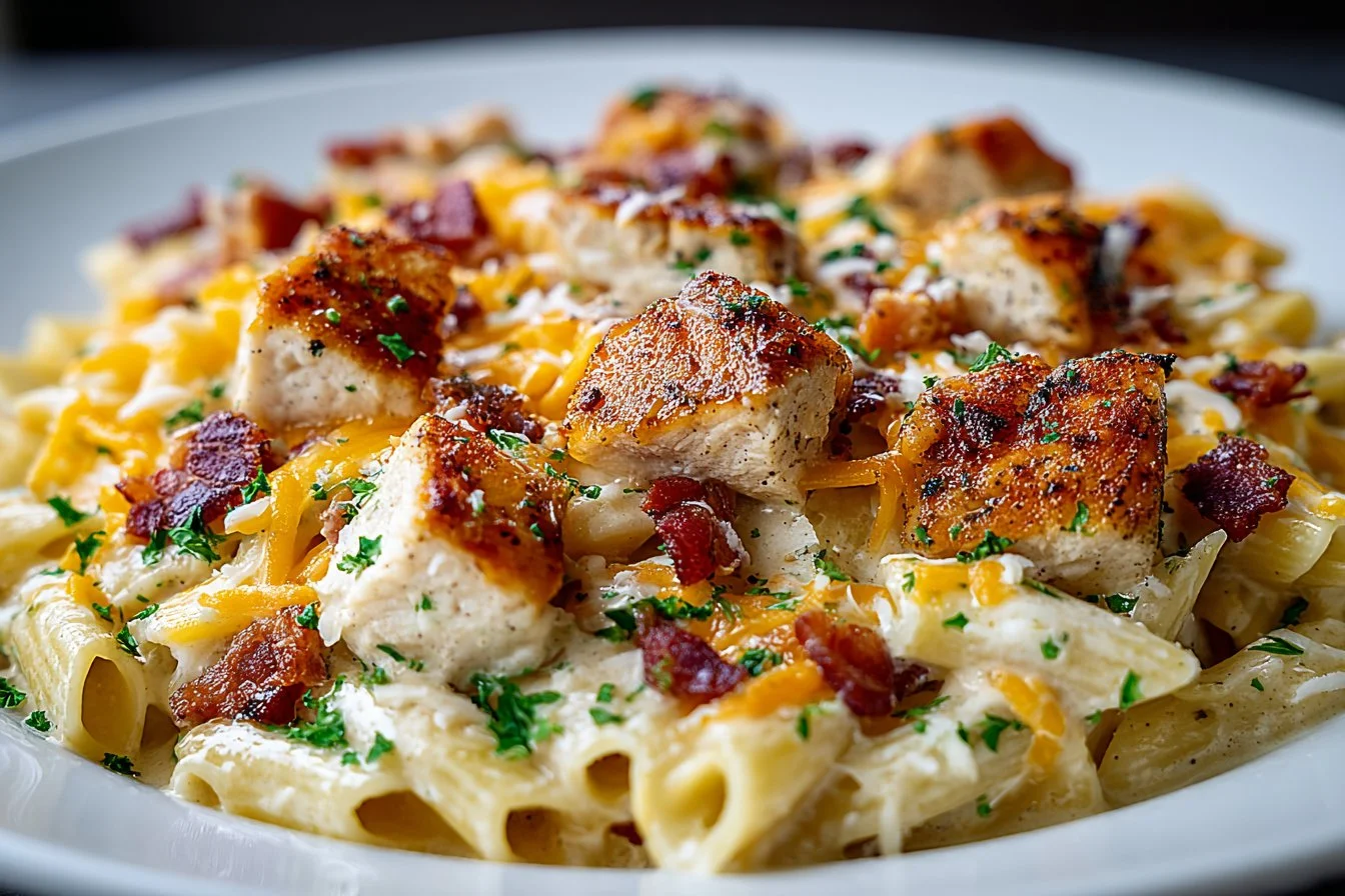 Creamy chicken bacon ranch pasta served in a bowl with parsley garnish.