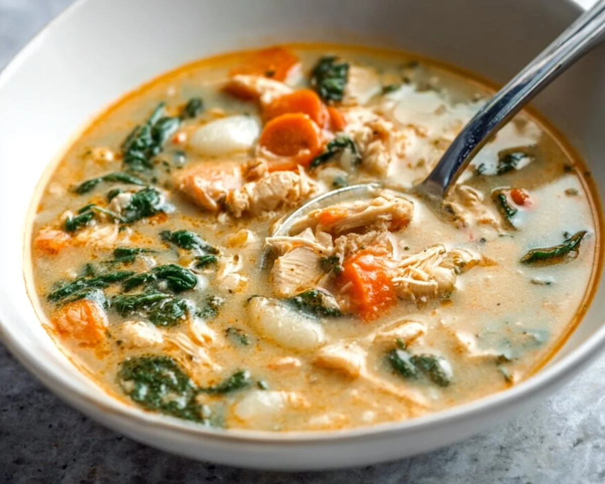 Bowl of creamy crockpot chicken gnocchi soup garnished with herbs