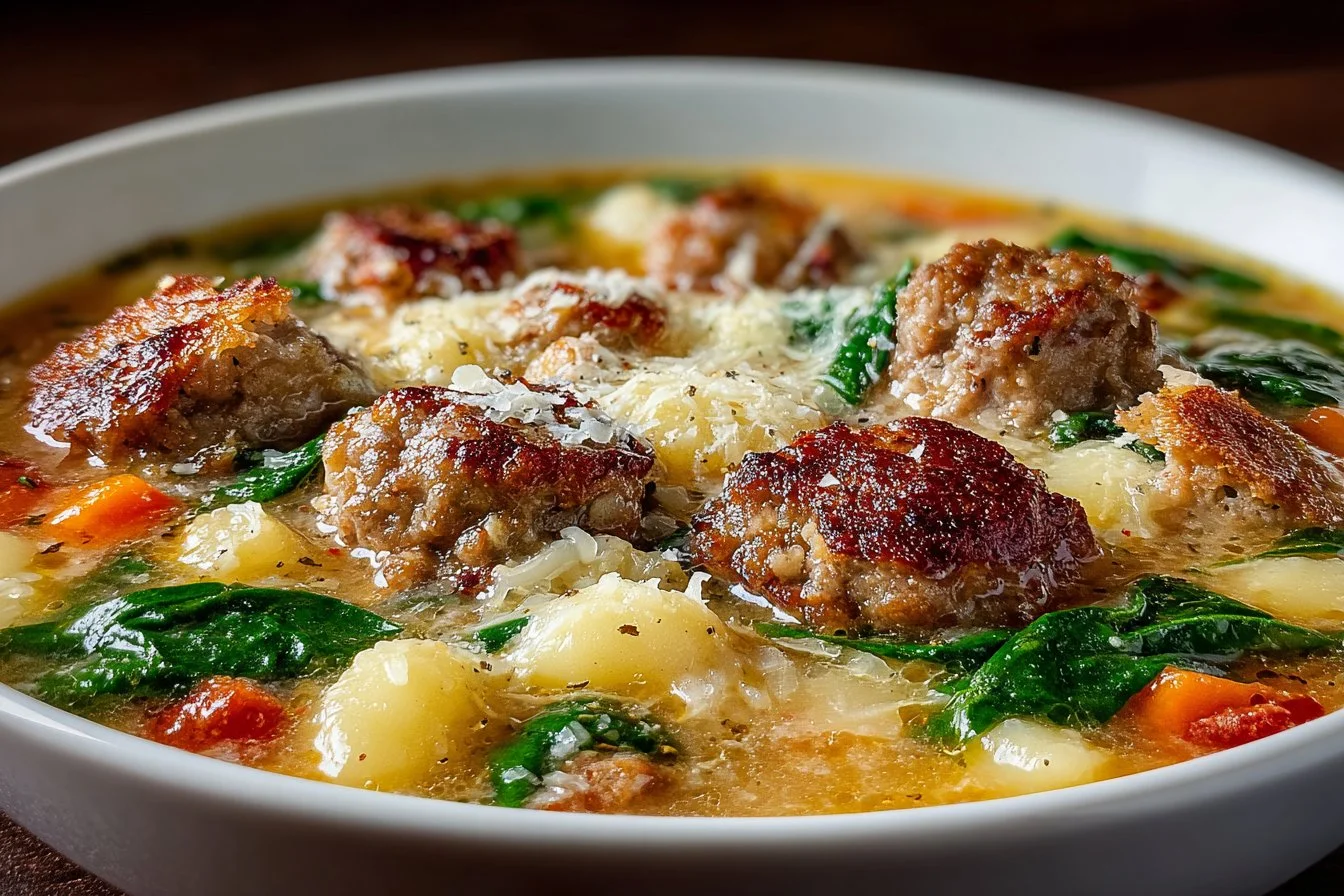 Bowl of creamy Parmesan Italian sausage soup with fresh herbs and spices