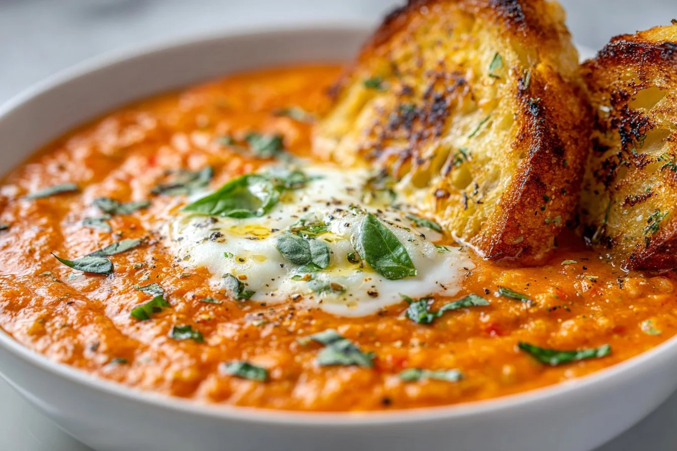 Creamy roasted garlic tomato soup served in a bowl, garnished with herbs.