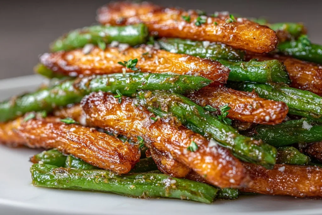 Crispy roasted carrots and green beans served on a plate