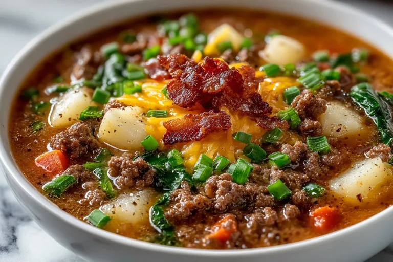 Delicious Crock Pot Cheeseburger Soup served in a bowl with toppings.