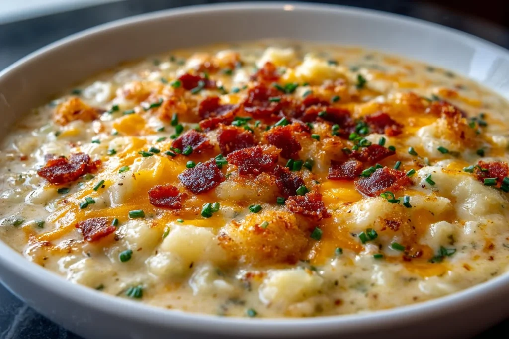 Creamy Crock Pot Crack Potato Soup served in a bowl with toppings.