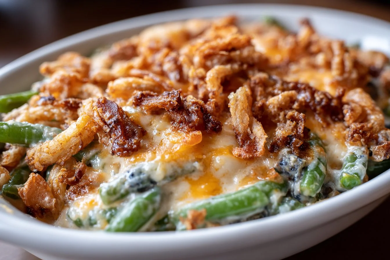 Delicious Crock Pot green bean casserole served in a dish