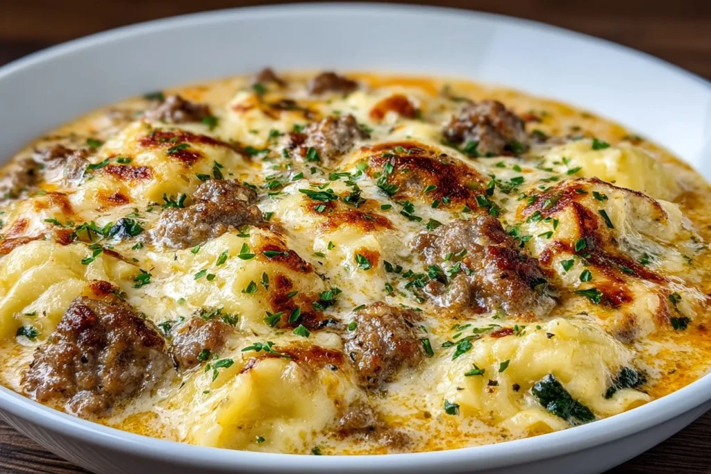 A steaming bowl of Crock Pot White Lasagna Soup garnished with herbs.