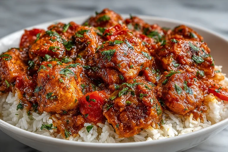 Delicious crockpot butter chicken served with rice and garnished with cilantro