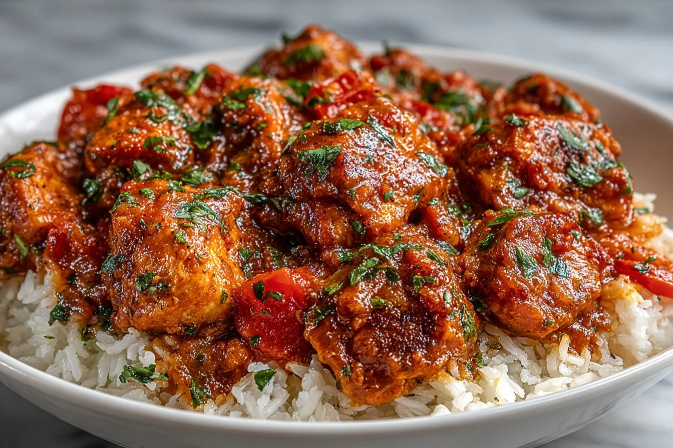 Delicious crockpot butter chicken served with rice and garnished with cilantro