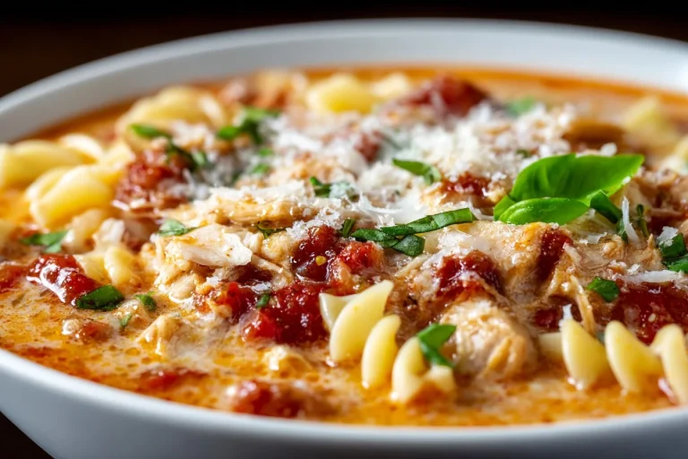 Crockpot Chicken Parmesan Soup served in a bowl with fresh parsley garnish