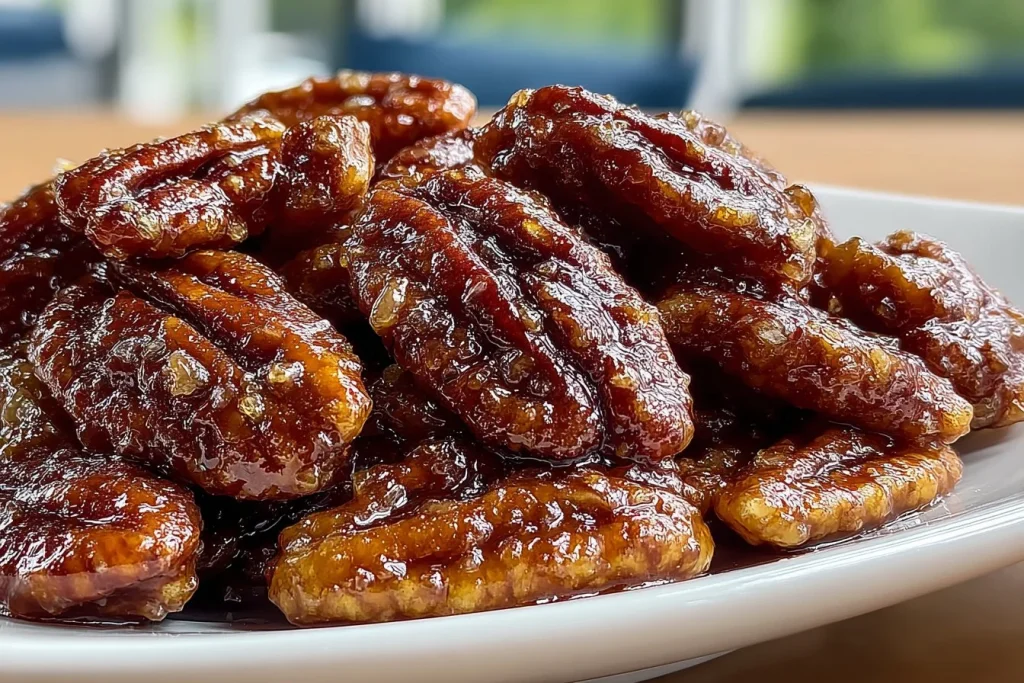 Crockpot Fireball Whisky Candied Pecans in a bowl with a sprinkle of cinnamon