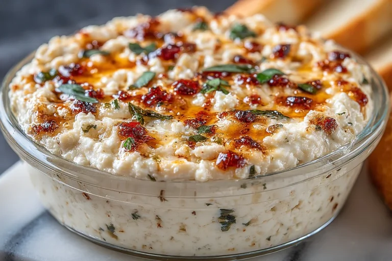 Delicious ricotta dip topped with hot honey served in a bowl.