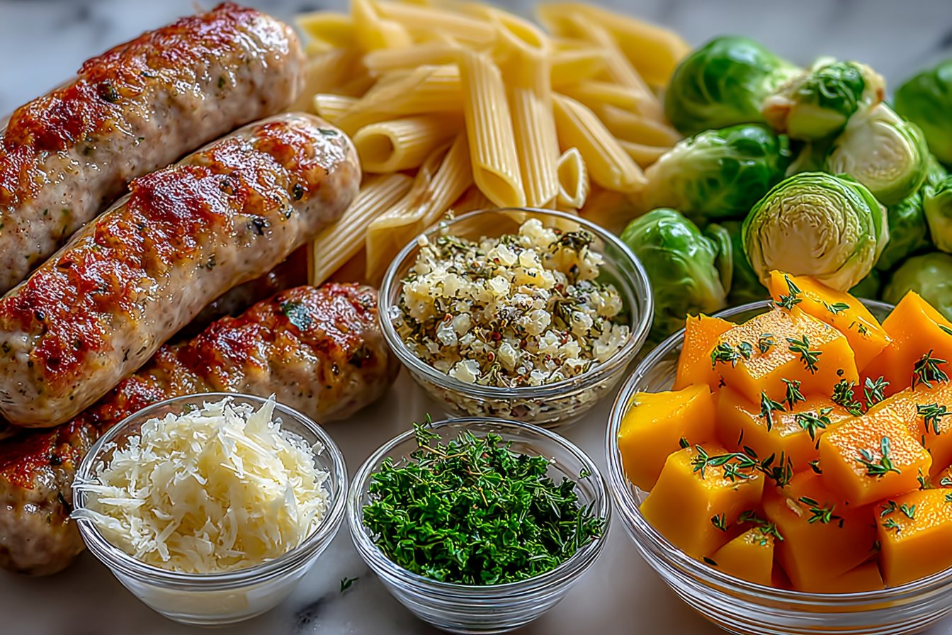 Autumn Dinner with Sausage, Pasta, Brussels Sprouts, and Butternut Squash