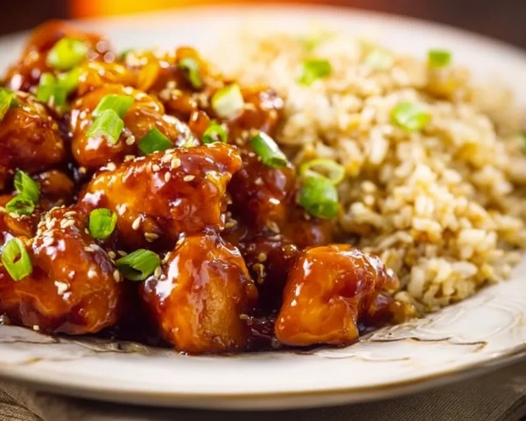 Plate of easiest orange chicken with vibrant sauce and garnish