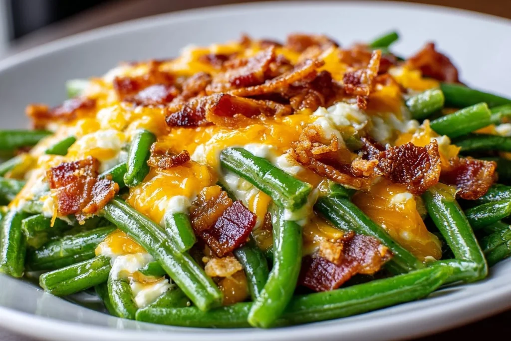 Delicious Easy Cheesy Bacon Green Bean Casserole with crispy bacon and cheesy topping