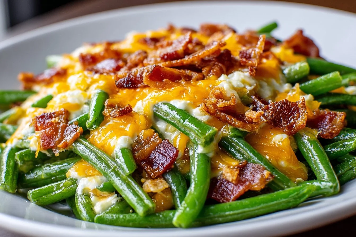 Delicious Easy Cheesy Bacon Green Bean Casserole with crispy bacon and cheesy topping