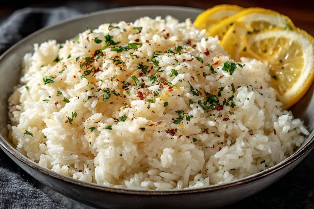 Plate of easy Greek lemon rice garnished with fresh herbs